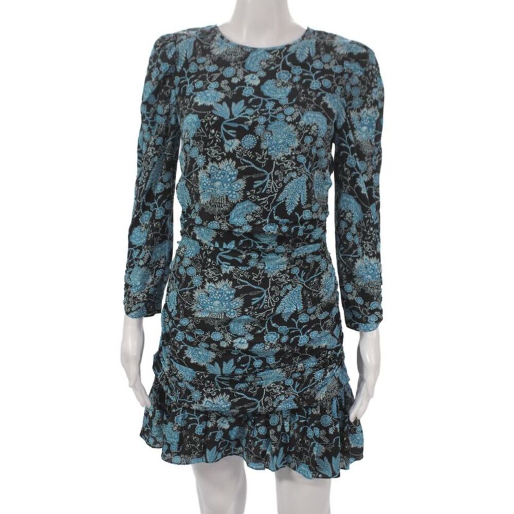 Tanya Taylor Women Mini Floral Silk Dress Long Sleeve Black Size 2